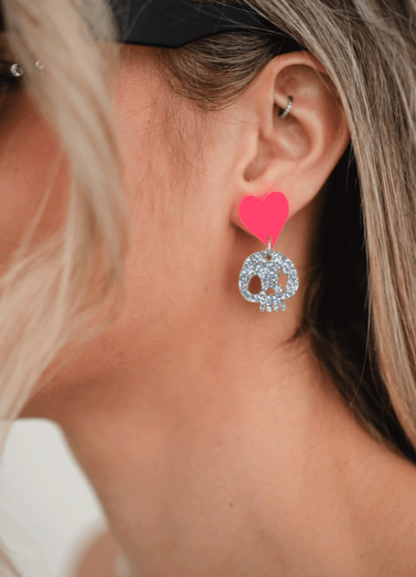 Pendientes metacrilato Calavera Glitter Rosa