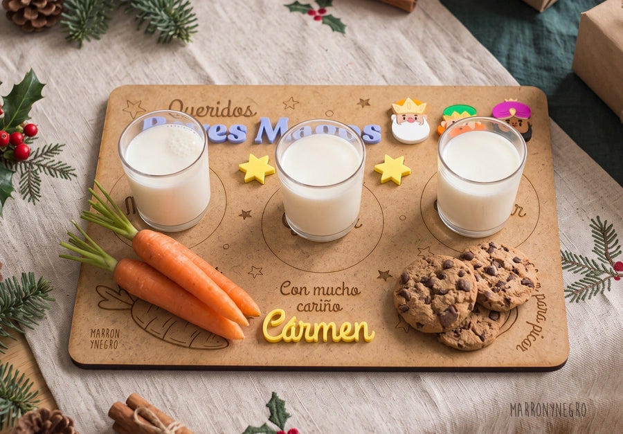 Bandeja Reyes Magos con leche, galletas y zanahorias